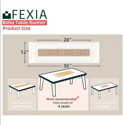 FEXIA Boho Table Runner for Thanksgiving Home Decor with Tassels 36 Inches Long Farmhouse Rustic Table Runner Cream & Brown Macrame for Boho Dining Bedroom Decor Rustic Bridal Shower (12x36 Inches)
