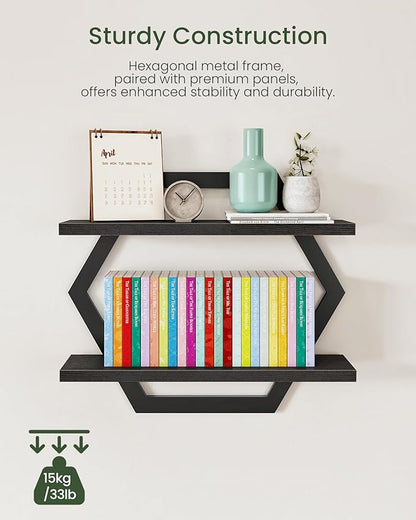 CHOEZON Hexagon Floating Shelves for Wall, Set of 2, 2 -Tier Hanging Shelves, Wall Mounted Storage Shelves, for Living Room, Bedroom, Kitchen, Home Office, Study, Black TBJ06P2BB