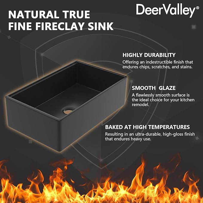 DeerValley Black Farmhouse Sink 33 Inch Fireclay Farmhouse Kitchen Sink Undermount Workstation Single Bowl Kitchen with Ledge and Workstation Accessories