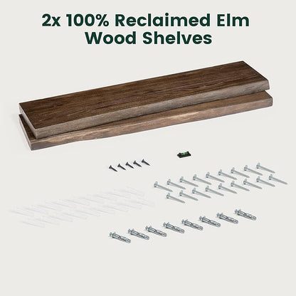 36 Inch Live Edge Floating Shelves, 8 Inch Deep Solid Elm Wood Wall Shelf, Heavy-Duty Wall Mounted Shelf with Invisible Brackets for Living Room, Bathroom, Kitchen, Set of 2, Walnut Color