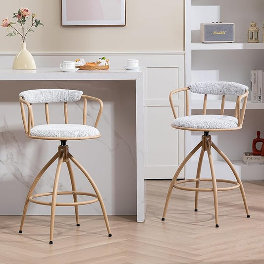 26'' Swivel Counter Height Bar Stool, Set of 2 Fabric Seat with Water Transfer Printed Metal e, Modern Industrial Design Bar Chairs for Kitchen Island, Dining Room, Home Bar, Counter Seat (Beige)