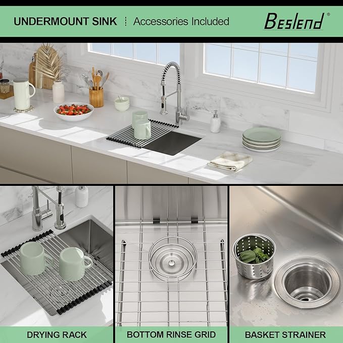 21 Inch Undermount Kitchen Sink - Beslend 21x18x10 Inch Undermount Sink Stainless Steel Under Counter Sinks 16 Gauge Round Corner Sink Single Bowl Bar Sink
