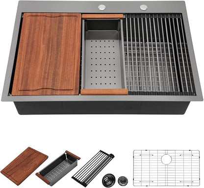 Dcolora 30 Inch Black Kitchen Sink Drop In, Nano-PVD Black Stainless Steel Workstation Sink Single Bowl Topmount with Accessories All-In-One, #DC-T8863 30"x22"x10"