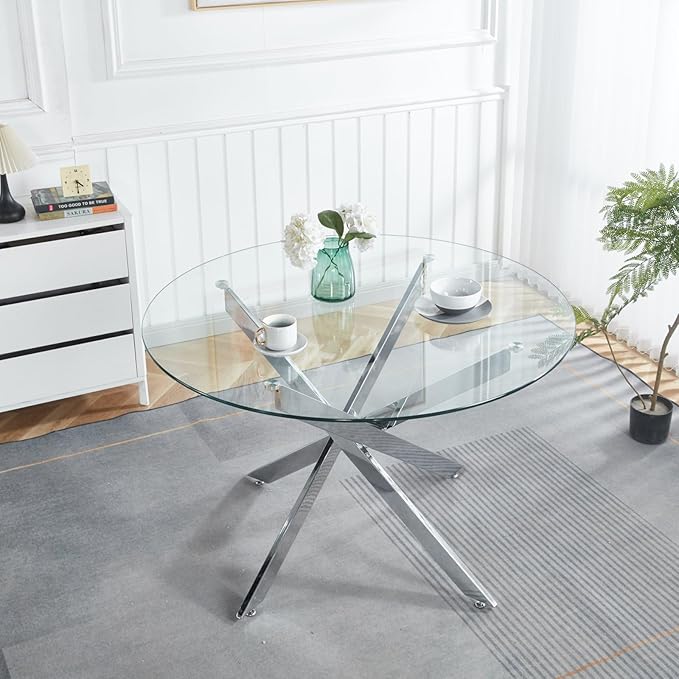 Round Glass Dining Table,Glass Dining Room Table with Metal Legs, Modern Style Glass Kitchen Table for Home, Kitchen, Dining Room