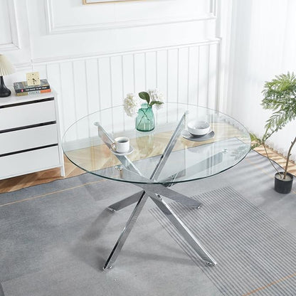Round Glass Dining Table,Glass Dining Room Table with Metal Legs, Modern Style Glass Kitchen Table for Home, Kitchen, Dining Room