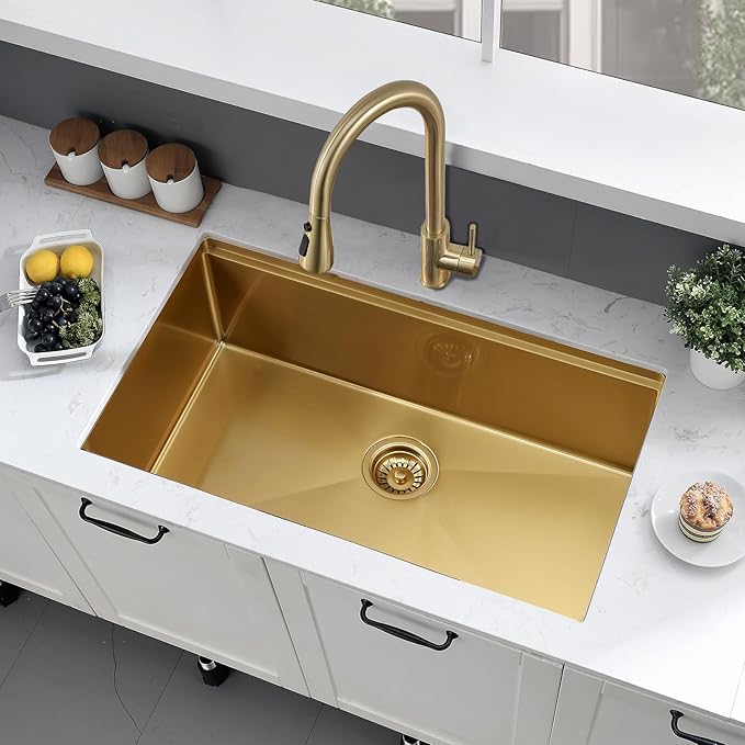 28 Inch Gold Undermount Kitchen Sink,28x18 Undermount Stainless Steel Kitchen Sink Brushed Gold Workstation 16 Gauge 10" Deep Single Bowl Kitchen Sinks with Accessories