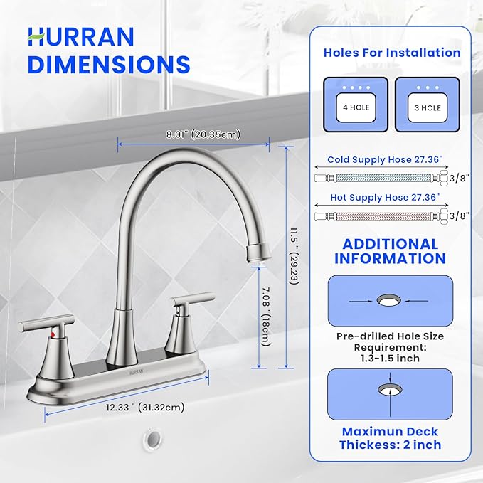 HURRAN 2 Handle Kitchen Sink Faucet, 8 Inch High Arc 360°Swivel Kitchen Sink Faucet, 3 Hole Kitchen Faucet Without Side Sprayer, Centerset RV Kitchen Faucet with Stainless Steel Pipe, Nickel