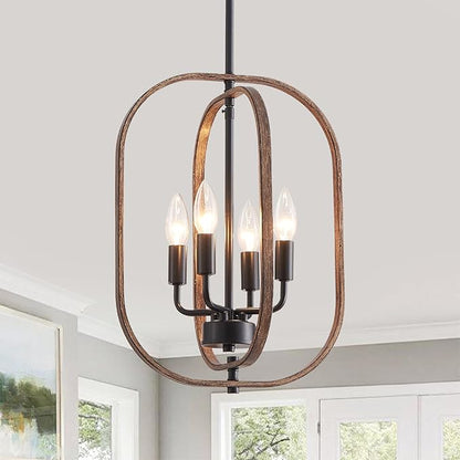 XINGQI Small Chandeliers for Dining Room, 12.2" Modern Farmhouse Pendant Lighting Fixture Rustic Metal 4-Light Black and Wood Grain Finish for Entryway Bedroom Hallway Foyer Kitchen Office Bar