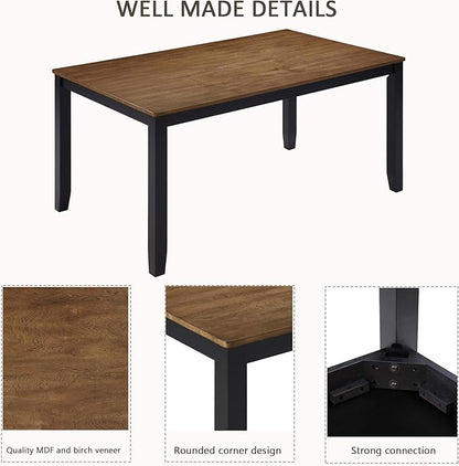 6 Piece Wooden Dining Table Set with Bench, Classic Farmhouse Dining Table Set for 6, Timeless Black and Oak Two Tone Dining Room Set for Kitchen and Dining Room