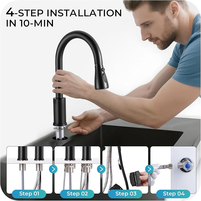 Pull Down Kitchen Faucet 2 Hole - Matte Black Single Handle Kitchen Faucets, High Arc Stainless Steel Pull Out Kitchen Sink Faucet for RV Laundry Farmhouse Bar