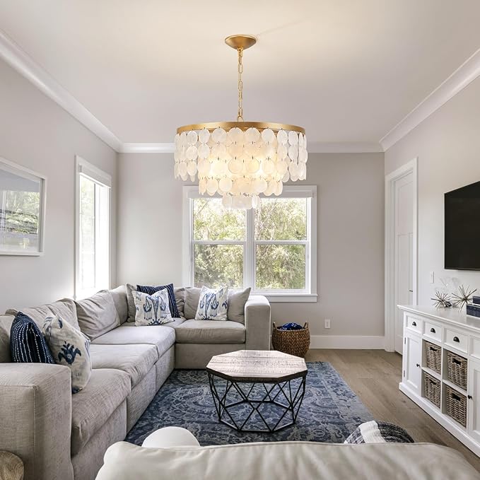Shell Chandelier, White and Gold Chandelier Light Fixture with 4 Lights Capiz Seashell Pendant for Foyer,Kitchen Island,Entryway,Dining Room (18" Coastal Chandeliers)