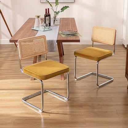 Zesthouse Mid Century Modern Dining Chairs Set of 2, Velvet Accent Chairs with Natural Cane Back & Stainless Chrome Base, Famous Breuer Designed Chairs, Upholstered Rattan Kitchen Chairs