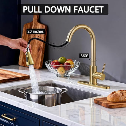 FEELSO Kitchen Faucets with Pull Down Sprayer, High Arc Single Handle Kitchen Sink Faucet, 1 or 3 Hole Brushed Nickel Water Faucets for Farmhouse Laundry Camper Rv Bar (Gold)