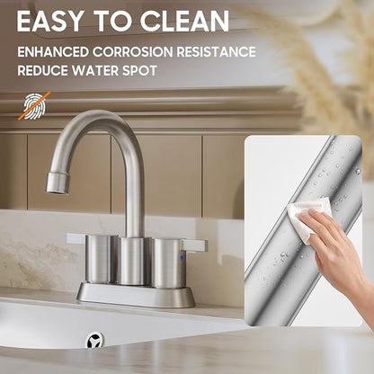 Phiestina Brushed Nickel 4 Inch 2 Handle Centerset Lead-Free Bathroom Sink Faucet, with Copper Pop Up Drain and Water Supply Lines,BF015-1-BN