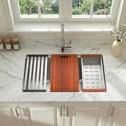 32 Inch Sink Undermount Double Bowl, 16 Gauge 50/50 Double Bowl Stainless Steel Workstation Sink, 32"x18"x10" Large and Deep Kitchen Sink With Accessories