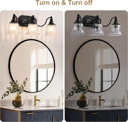 Black Vintage Bathroom Vanity Light Fixture, 3-Light Vanity Light for Bathroom, Antique Matte Black Finish with Crystal Glass Shade, Lighting Fixtures Over Mirror for Bedroom Living Room