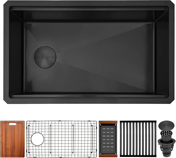 Kitsitchen Black Undermount Kitchen Sink 33 X 18 Inch,16 Gauge Stainless Steel Workstation Sinks with Abundant Accessories,33 Inch Large and Deep Single Bowl Kitchen Sinks,Modern&Offset Drain Design