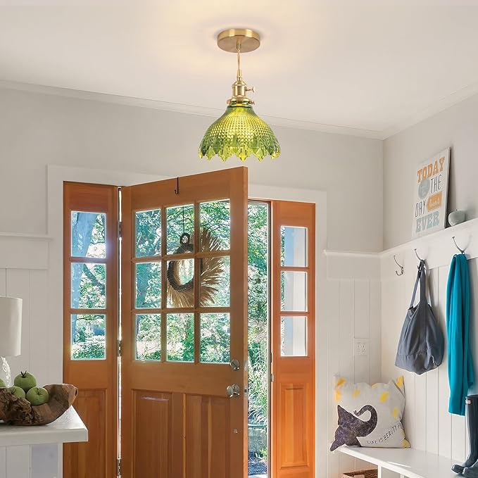Pendant Lights Kitchen Island, Vintage Light Fixtures with Green Glass, 7.8inch Light Fixtures Brushed Gold Hanging Ceiling for Dining Living Room Kitchen Bedroom Island Entryway
