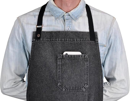 Denim Apron with Pockets, Professional for Mens Womens Chef Kitchen Cooking Grill BBQ Painting Baking, Black Bib with Towel Loop & Adjustable Neck Strap (Black Denim -2)
