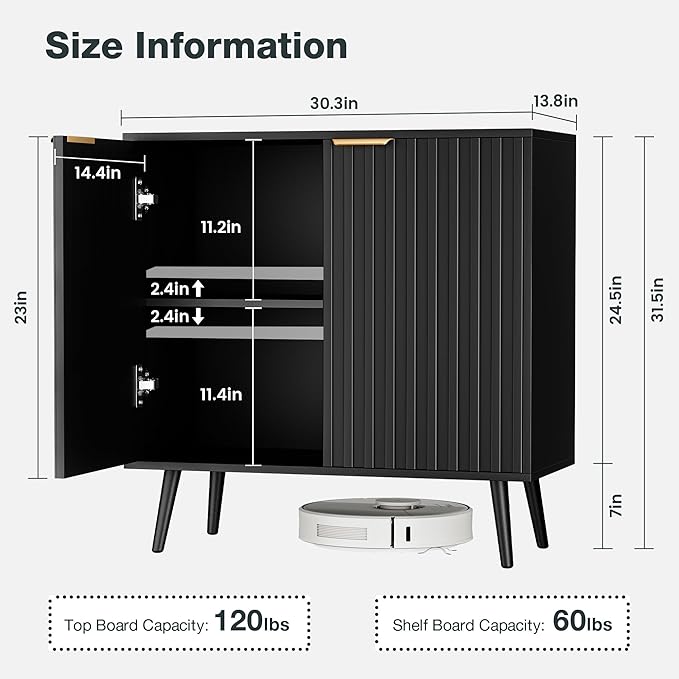 Vrullu Modern Storage Cabinet, Black Sideboard and Buffet Storage, Wood Accent Cabinet for Living Room, Hallway, Entryway, Dining Room (1, Black+Gold)