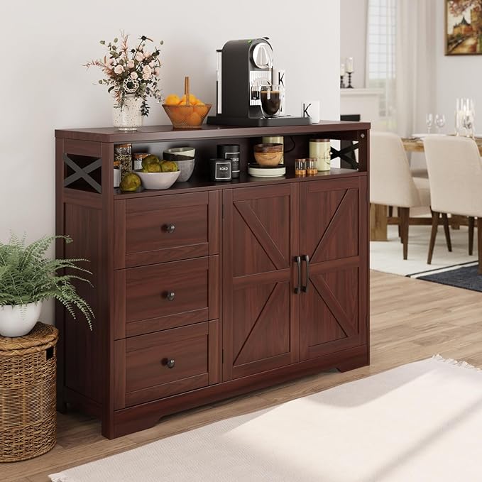 Befrases Dark Brown Farmhouse Storage Cabinet with Doors & Drawers, Sideboard Buffet Cabinet with Storage, Kitchen Pantry Hutch, Coffee Bar Station Table for Kitchen, Livingroom, Dining Room