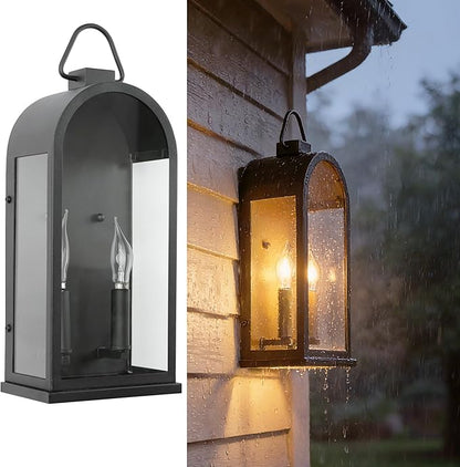 Outdoor Wall Light Fixtures, 2 Light Porch Lights Outdoor, Matte Black Exterior Waterproof Wall Sconce with Glass Shade, Outside Lantern for House Garage Doorway Patio Entryway, E12 Socket