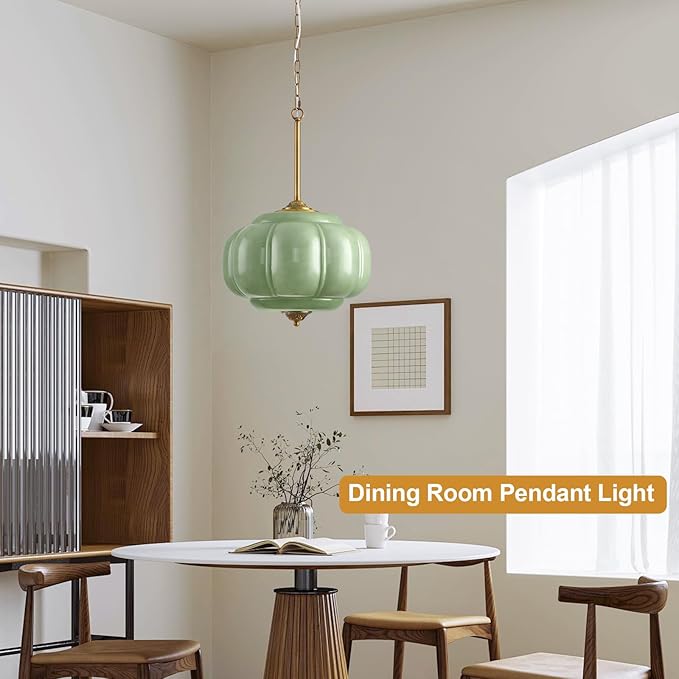 Green Glass Pendant Light, 15in Large Schoolhouse Light Fixture, LED Bulb Included, Vintage Art Deco Chandelier for Kitchen Island Dining Room Bedroom Hallway, Green & Antique Gold 1 Pack