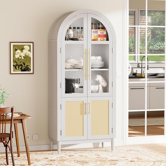 71" Arched Storage Cabinet, 5-Tier Modern Farmhouse Kitchen Pantry Cabinet with Glass & Rattan Doors, Adjustable Shelf for Living Room, Dining Room, or Office, White