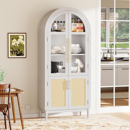 71" Arched Storage Cabinet, 5-Tier Modern Farmhouse Kitchen Pantry Cabinet with Glass & Rattan Doors, Adjustable Shelf for Living Room, Dining Room, or Office, White