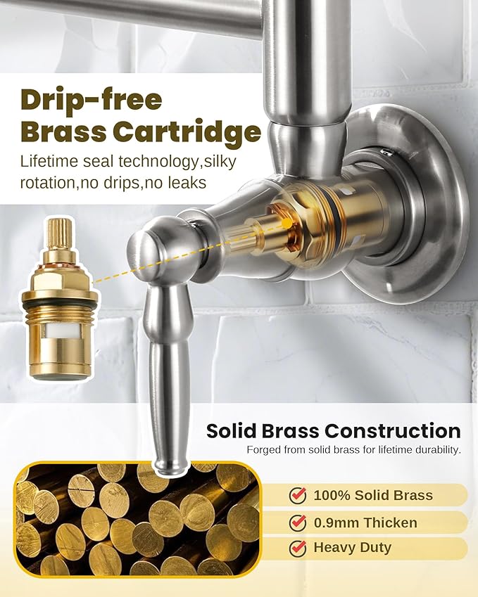 Pot Filler Faucet Brushed Nickel: Solid Brass Wall Mount Heavy Duty Stove Pot Filler with Double Joint Swing Arms - Single Hole Commercial Folding Stretchable Faucet 2 Handles for Kitchen Restaurant