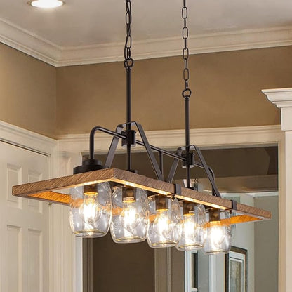 Wellmet Kitchen Island Chandelier, Mason Jar Pendant Light Dining Room, 5-Light Wooden Paint Pendant Light for Living Room, Dining Table, Kitchen, Hallway, Restaurant, 39.3''W