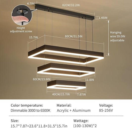 Modern Kitchen Island Pendant Light, Rectangle Dimmable LED Chandelier, 3 Layer Adjustable Ceiling Light Fixture for Dining Room, Living Room, Bedroom, 3000K-6500K, Black Foyer Hanging Light
