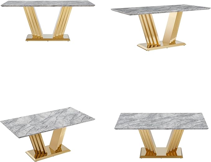 70" Marble Dining Table for 6-8, Modern Luxury Gold Rectangular Large Kitchen Table, Marble Grain MDF Tabletop & Stainless Steel Base, Dinner Furniture for Kitchen Dining Room, Meeting Room, Grey