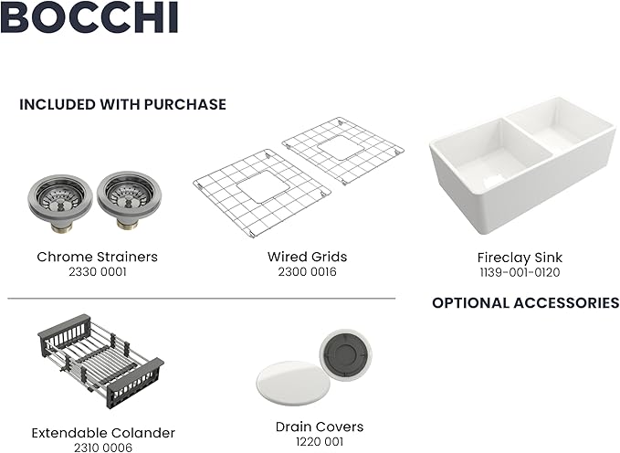 BOCCHI Classico Farmhouse Apron Front Fireclay 33 in. Double Bowl Kitchen Sink with Protective Bottom Grid and Strainer in White