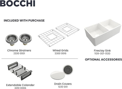 BOCCHI Classico Farmhouse Apron Front Fireclay 33 in. Double Bowl Kitchen Sink with Protective Bottom Grid and Strainer in White