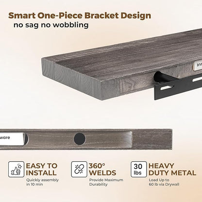 Axeman Rustic Elm Wood Floating Shelves - 72'' W x 8" D Wall Mantel Shelf with Invisible Bracket, Large Long Wall Mounted Storage Shelves for Living Room, Bedroom, Kitchen, Bathroom, Grey