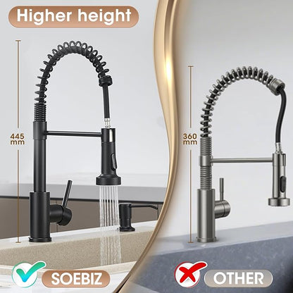 Kitchen Faucet with Pull Down Sprayer, Matte Black High Arc Single Handle Spring Pull Out Stainless Steel Faucet for Kitchen Sink, 2 Mode Utility Ideal for Laundry Camper Bar RV Room