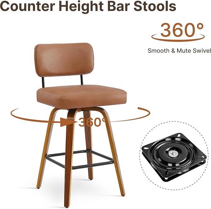 Swivel Bar Stools Set of 2, 26" Upholstered Counter Height Bar Stools with Back and Bent Walnut Wood Legs, Faux Leather Modern Barstools for Kitchen Island,Brown