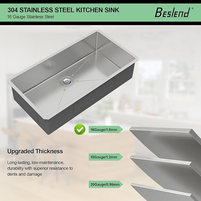 36 Undermount Kitchen Sink - Beslend 36x19 Inch Undermount Stainless Steel Kitchen Sink 16 Gauge Single Bowl Round Corner Single Dish Basin Under Counter Basin, Sink Only