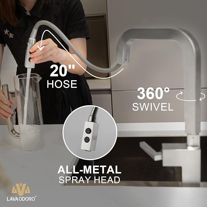 Brushed Nickel Kitchen Faucet with Pull Down Sprayer, Lava Odoro Single Handle Kitchen Sink Faucet, Faucet for Kitchen Sink with Magnetic Docking Spray Head and Deck Plate, KF182-BN