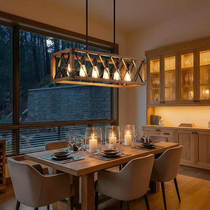 Dining Room Light Fixture/Chandelier Over Table,Matte Black Rustic Wood Ceiling Pendant Light,6-Light Kitchen Island Lighting Fixtures, Linear Farmhouse Chandeliers for Dining Room,Kitchen Island
