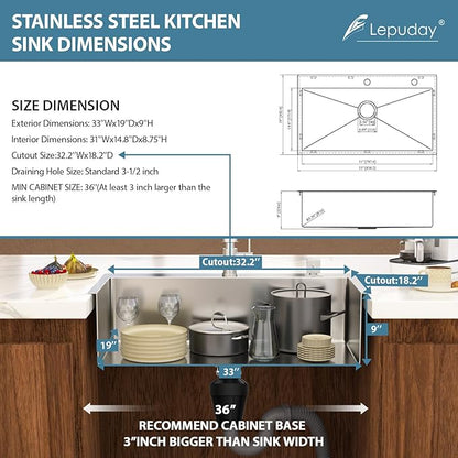 33 Inch Drop in Kitchen Sink 18 Gauge Stainless Steel 33x19 Single Bowl Brushed Handmade Topmount Kitchen Sinks Round Corner