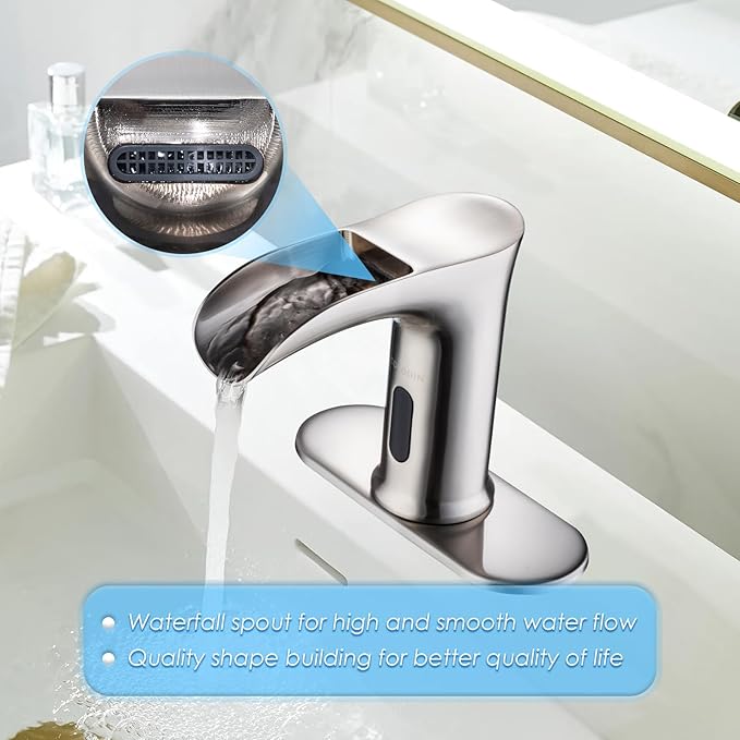 Automatic Sensor Touchless Waterfall Bathroom Sink Faucet, Modern Electronic Sensor Lavatory Faucet, Brushed Nickel Hands Free Vanity Faucets with Control Box and Temperature Mixer