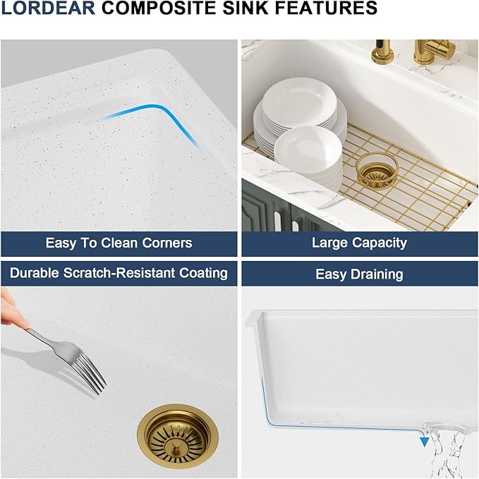 Lordear 30 Inch White Kitchen Sink Granite Composite Undermount Kitchen Sink Workstation 30x19 White Quartz Sinks Under Counter Single Bowl with Classic Gold Accessories