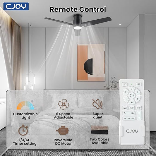 CJOY Ceiling Fan with Lights, 52 Inch Low Profile Ceiling Fans with Light and Remote, Reversible DC, Flush Mount, 3CCT，Dimmable, Modern Indoor/Outdoor Design for Bedroom, Living Room, Patio, Kitchen