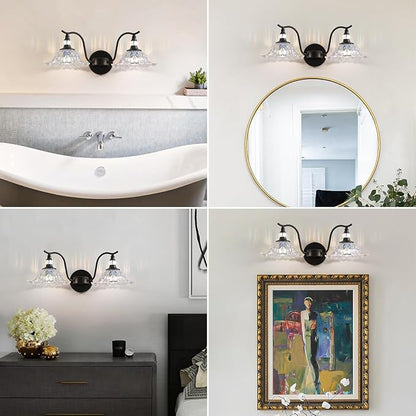 Vintage Bathroom Vanity Light Fixtures - 2 Light Iridescent Flower Glass Antique Matte Black Bathroom Light Fixture Over Mirror,Retro High End Wall-Mounted Vanity Lighting for Bath Powder Room