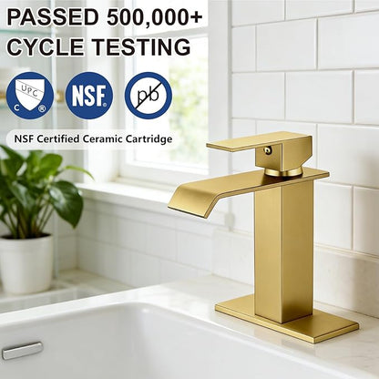 Midanya Waterfall Bathroom Faucets, Single Handle 1 Hole Bathroom Sink Faucet Modern RV Vanity Restroom Lavatory Basin Faucet with Pop Up Drain and Water Supply Lines,Brushed Gold