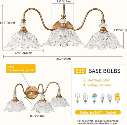 Vintage Bathroom Vanity Light, 3-Light Matte Deep Brass Finish Vanity Light with Flower-Shaped Clear Glass Shades, Retro Wall Sconce for Bathroom