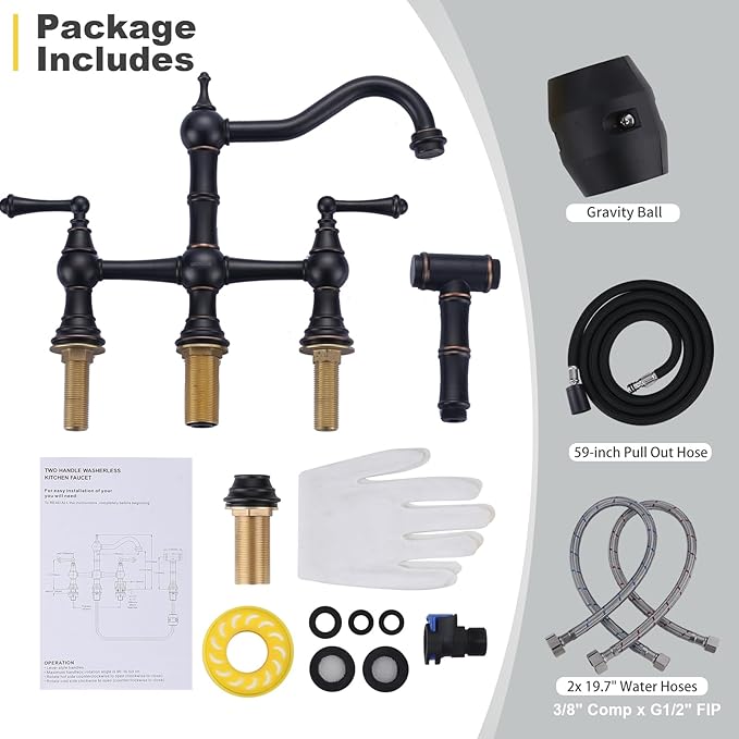 WOWOW Brass Kitchen Faucet with Side Sprayer, 8 Inch Centerset Bridge Faucet for Kitchen Sinks, 4 Hole Kitchen Faucet Bronze Vintage Farmhouse Kitchen Sink Faucet