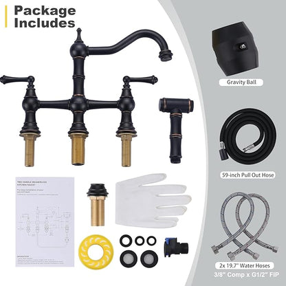 WOWOW Brass Kitchen Faucet with Side Sprayer, 8 Inch Centerset Bridge Faucet for Kitchen Sinks, 4 Hole Kitchen Faucet Bronze Vintage Farmhouse Kitchen Sink Faucet